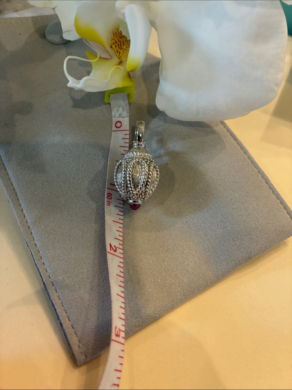 Judith Ripka Sterling Silver Pendant / Enhancer Textured w/ Design & Ruby - Picture 6 of 8